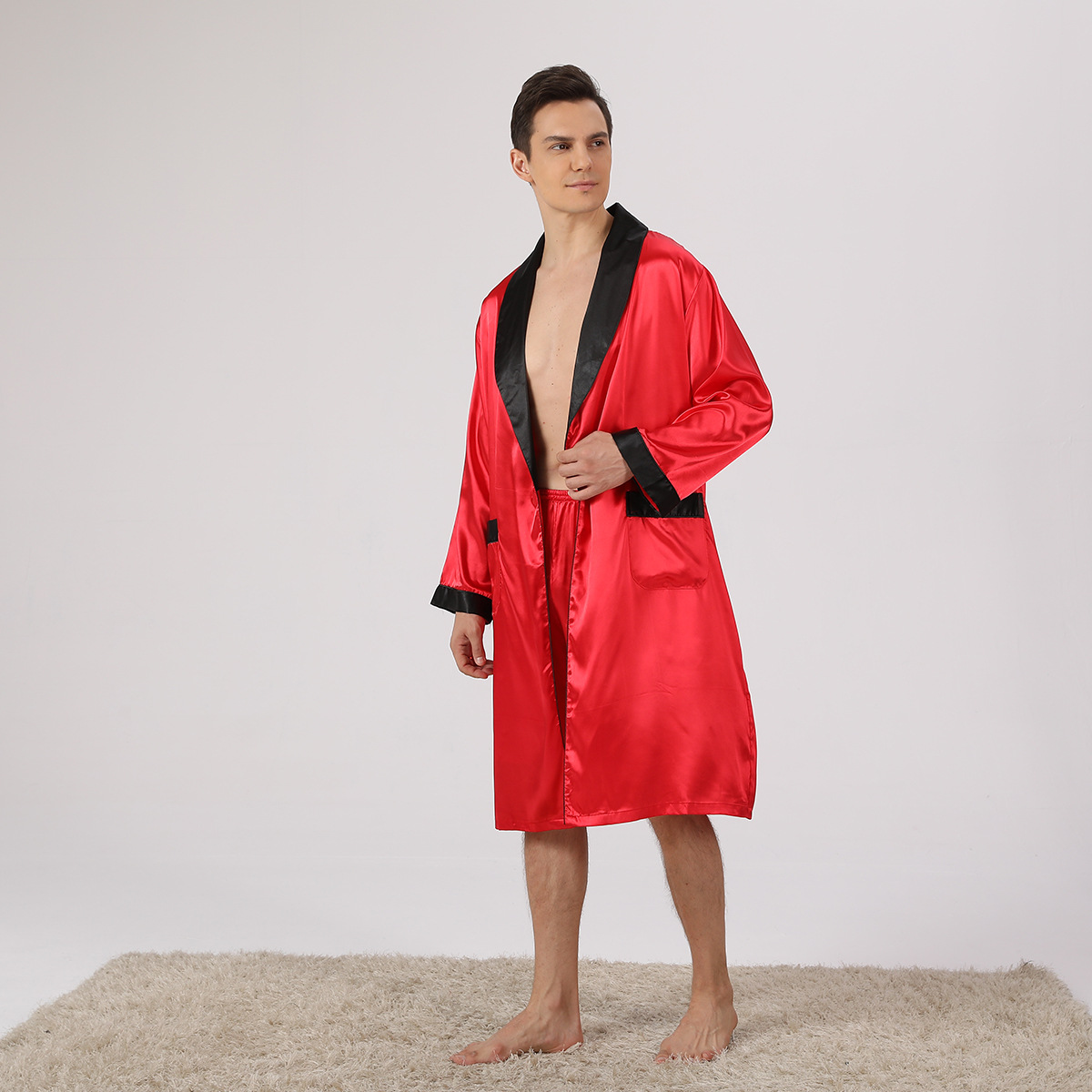 Cross-border American Size Men's Silk Nightgown Shorts Two-piece Suit Summer Thin Long-sleeved Pajamas Large Size Bathrobe