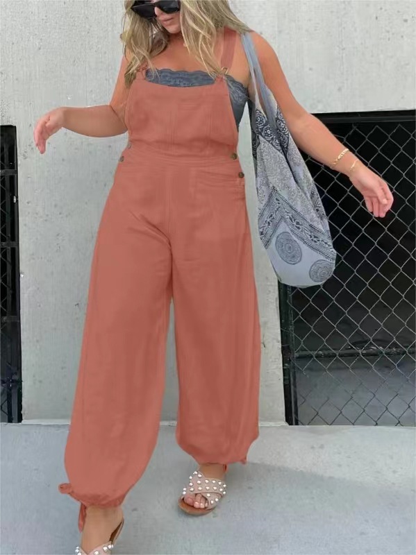 2023 European and American cross-border foreign trade Women's suspender jumpsuit solid color stitching suspender ankle-tied trousers