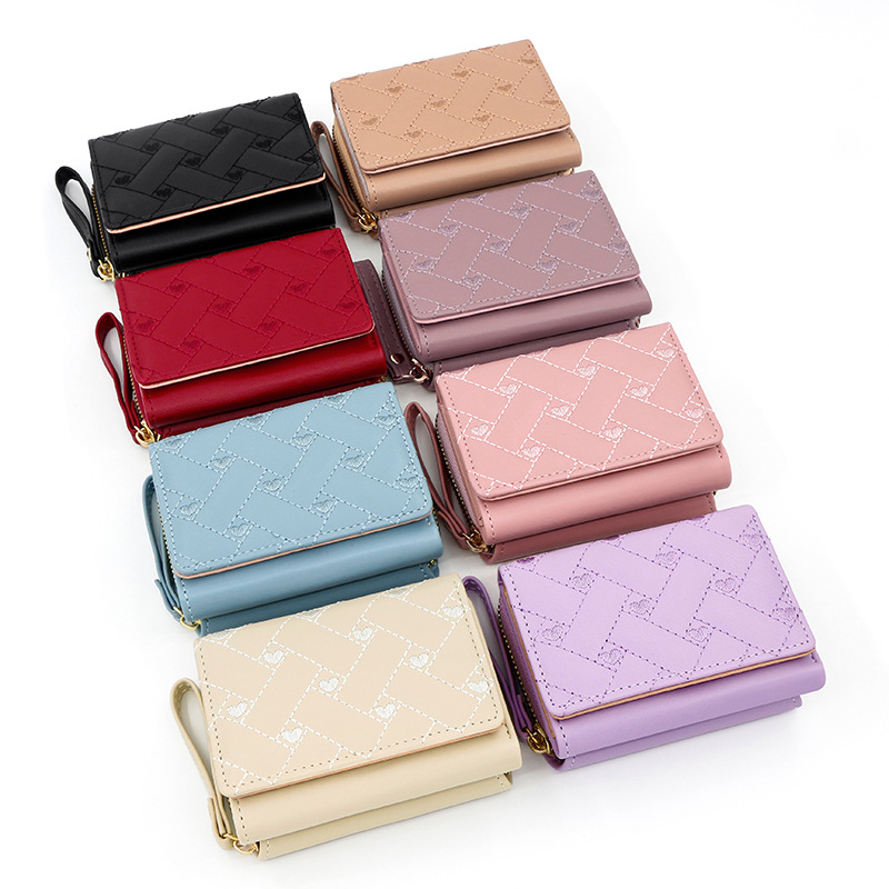 Women's Wallet Women's Tri-fold Card Bag PU Leather Multi-card Wallet Short Fashionable Embroidered Love Coin Purse