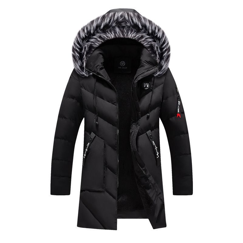 Winter Hooded New Men's Mid-length Cotton-padded Jacket Cross-border E-commerce Solid Color fleece-lined Thickened Slim-fit Cotton-padded Jacket for Men