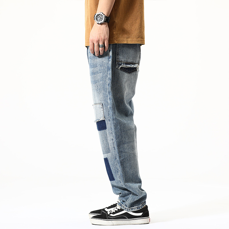 American Retro Ripped Jeans Men's Loose Straight Casual Pants Trendy Brand Patch Nine-point Torre Pants Large Size Men