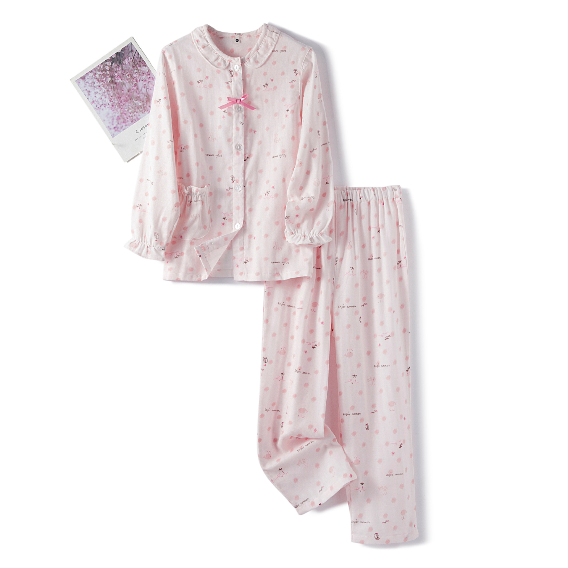 Spring and summer cotton double-layer yarn for boys and girls cute cartoon long short sleeve long shorts pajamas home clothing set Wholesale