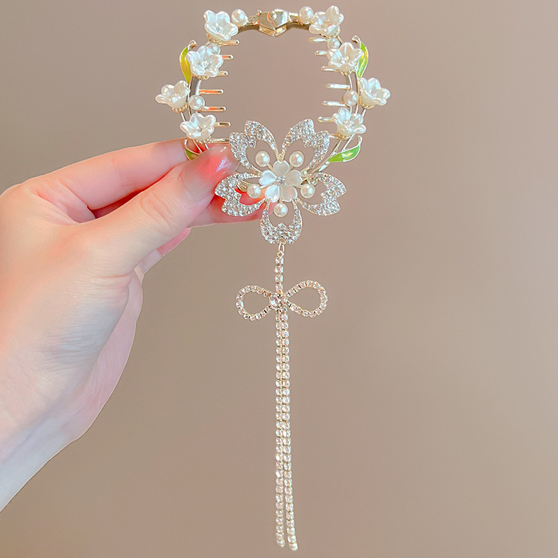 Super fairy Camellia tassel hairpin female high-grade sense back Head Ball head updo artifact temperament hair clip headdress summer_voghion.com