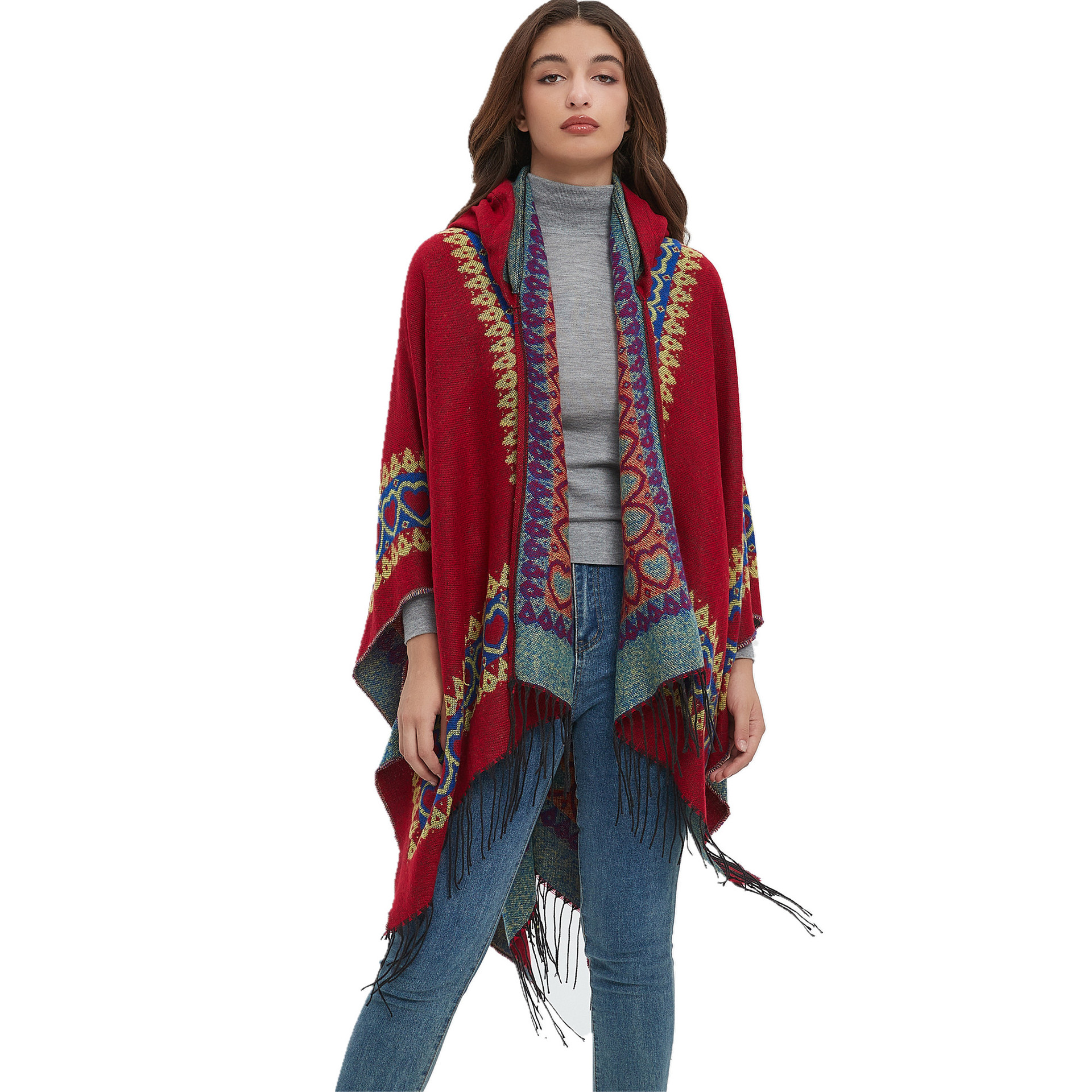 Cross-border 23 foreign trade new shawl European and American spring and autumn winter cloak ethnic style lovely red tassel hooded cloak