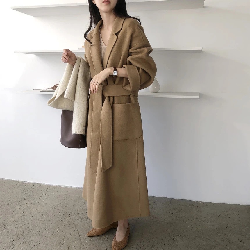 South Korea Dongdaemun 2023 autumn and winter New lace-up cashmere coat Women's Mid-length loose over-the-knee woolen coat_voghion.com
