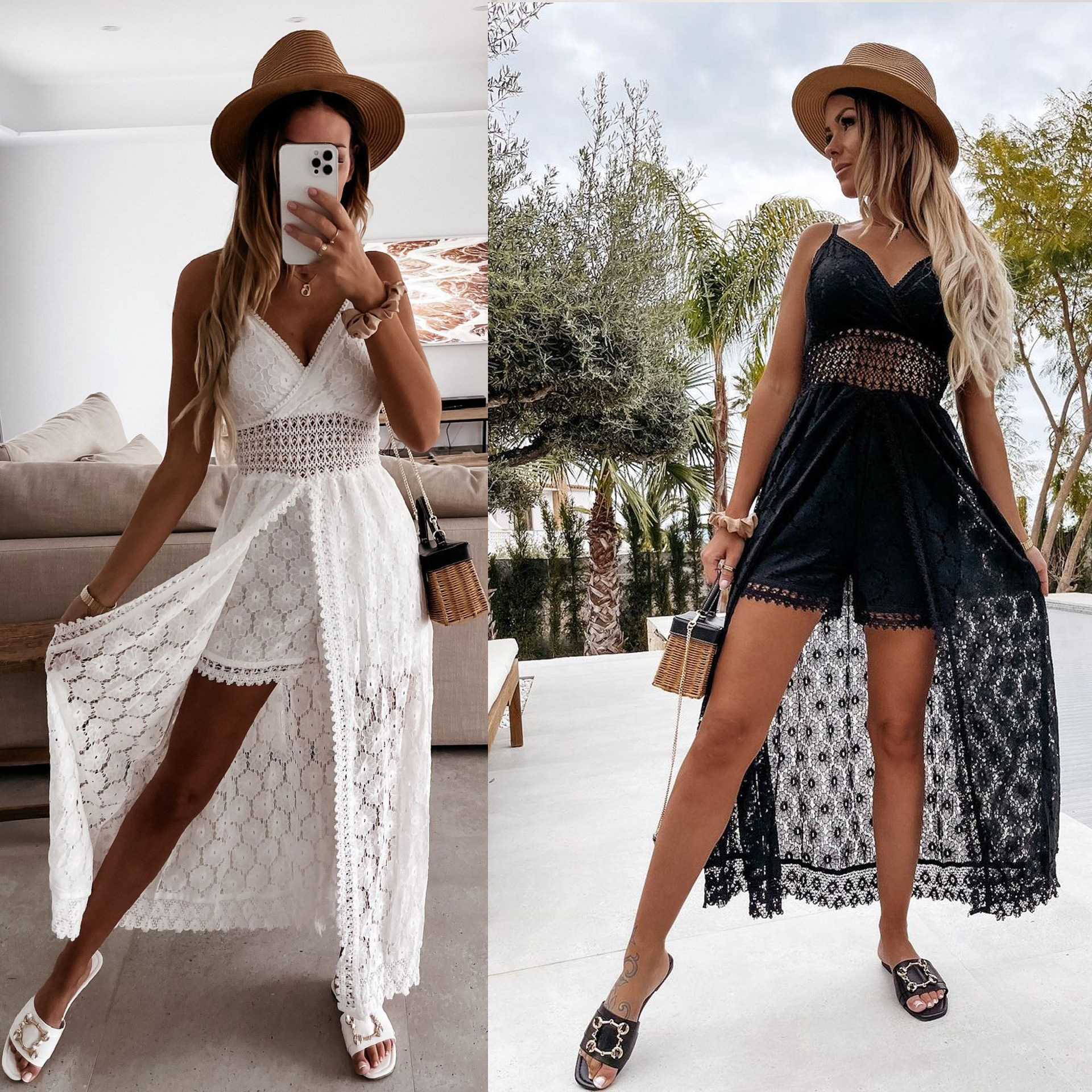 Foreign Trade 2022 New European and American Sexy Sling Stitching Casual Jumpsuit INS Home Holiday Hollow Jumpsuit