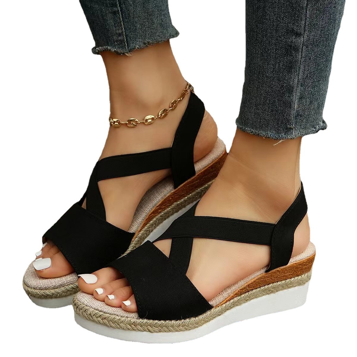 Spot European and American large size women's sandals 2022 summer new flat wedge fish mouth casual women's sandals Amazon