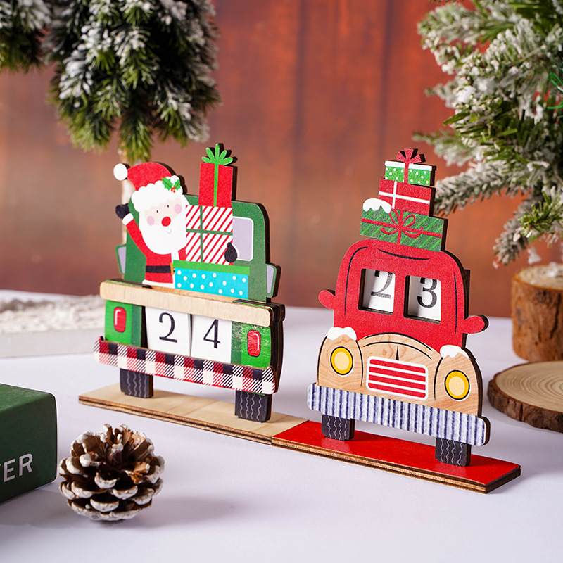 New Christmas Decorative Wooden Car Santa Calendar Painted Santa Claus DIY Gift Ornaments