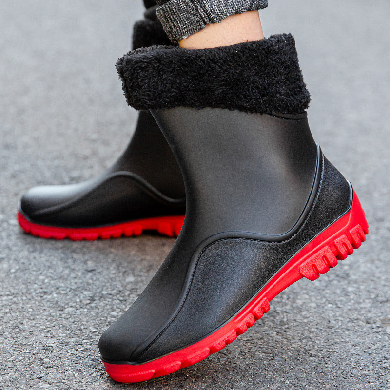 Fashion Warm Men's Non-slip Rain Boots Medium Long Barrel Rubber Shoes Water Shoes High Barrel Kitchen Fishing Car Wash Work Waterproof Boots
