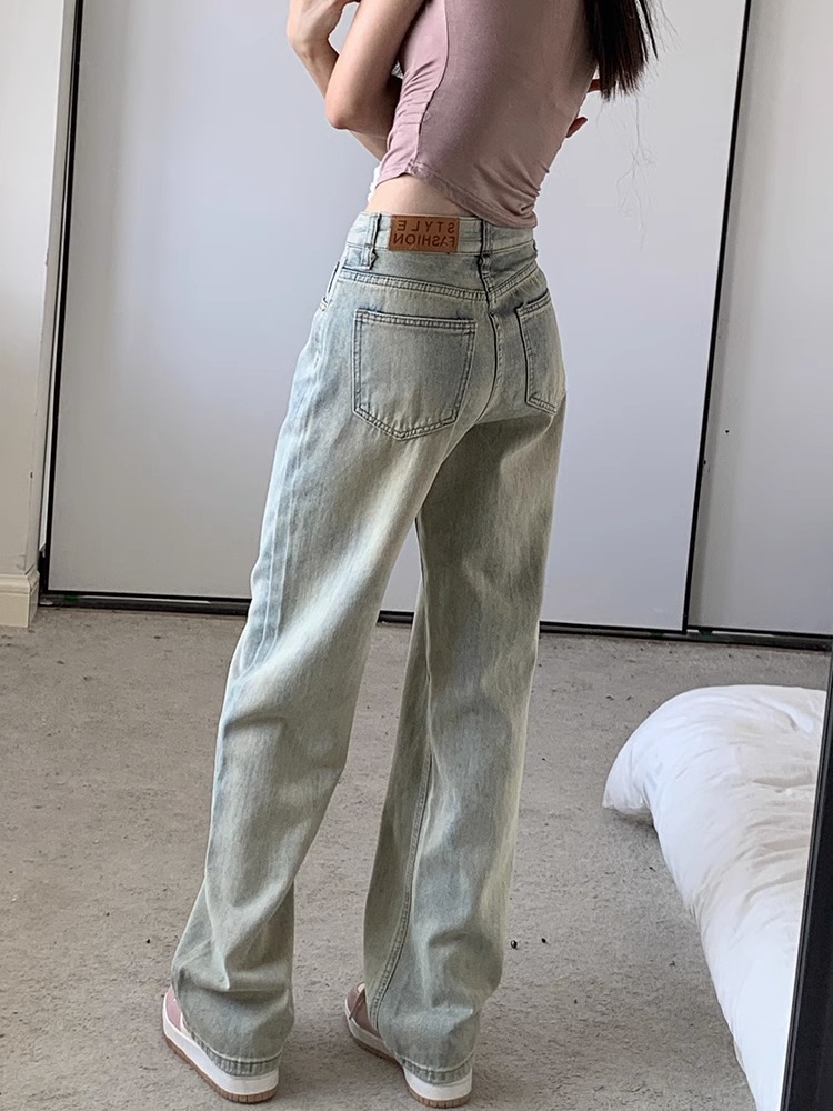 American retro high street yellow mud narrow version wide-leg jeans for women light color loose straight high waist slimming and draping floor