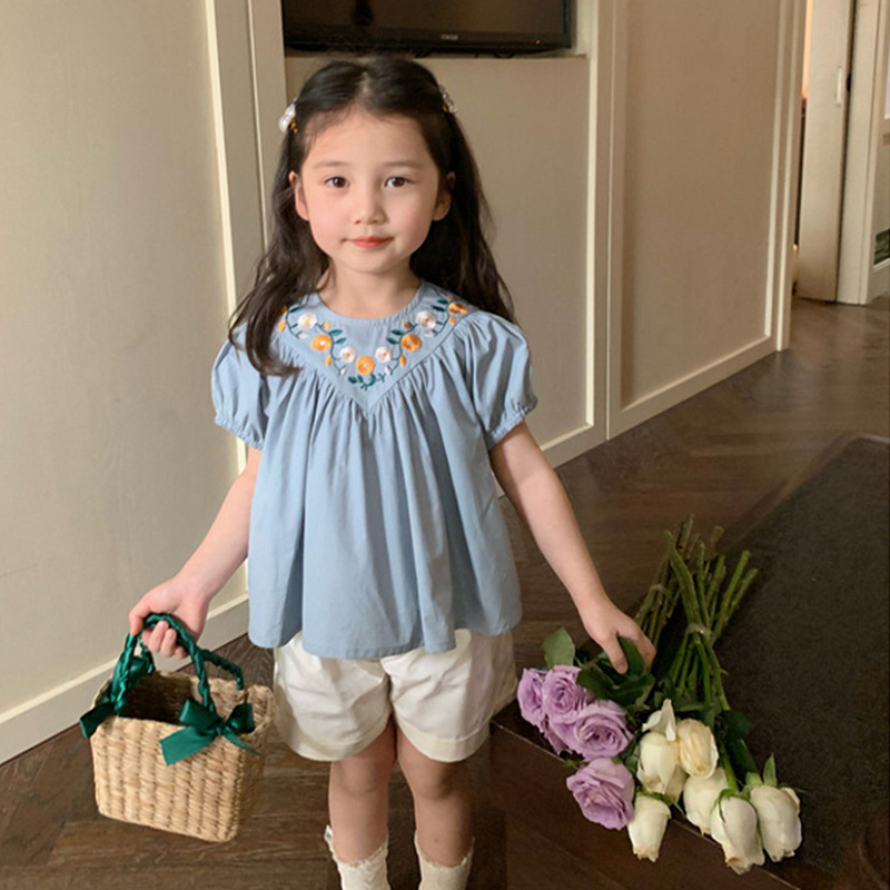 女童套裝甜美刺繡上衣加短褲24夏裝新款外貿童裝代發3-8歲