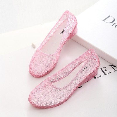 Summer Wedge Jelly Transparent Sandals Women's Crystal Plastic Flat Hollow Bird's Nest Waterproof Beach Shoes Soft Moms Shoes