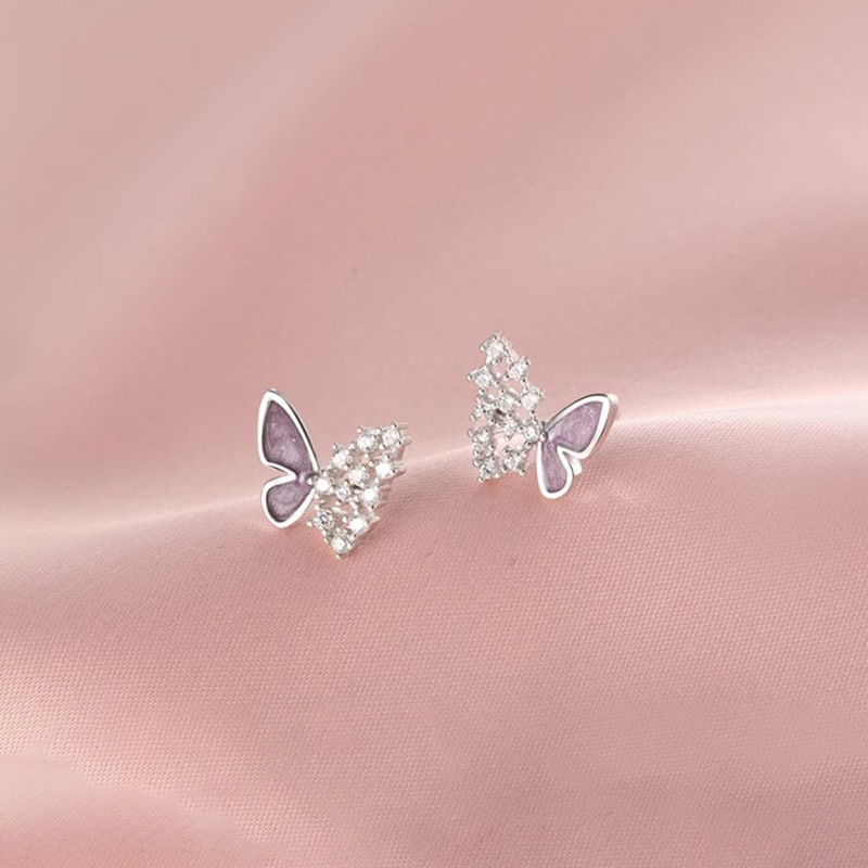Purple Butterfly stud earrings Women's Light luxury elegant asymmetric small butterfly earrings daily commuter simple inlaid zircon earrings