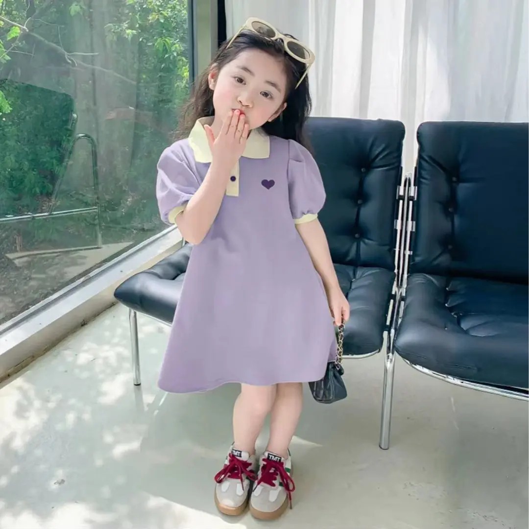 Girl's Summer Dress Princess Dress Foreign Style POLO Collar Skirt Children's Puff Sleeve Dress Thin Princess Dress
