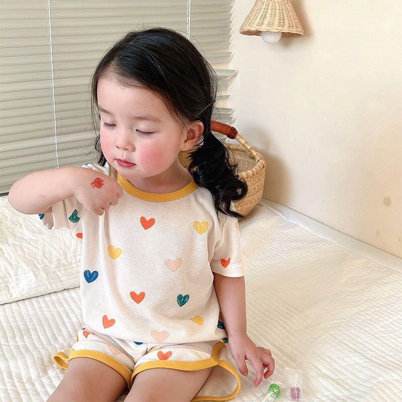 Boys and Girls Pajamas Summer New Ice Silk Thin Printed Home Clothes Baby Split Short Sleeve Pants Air-conditioning Clothes suit