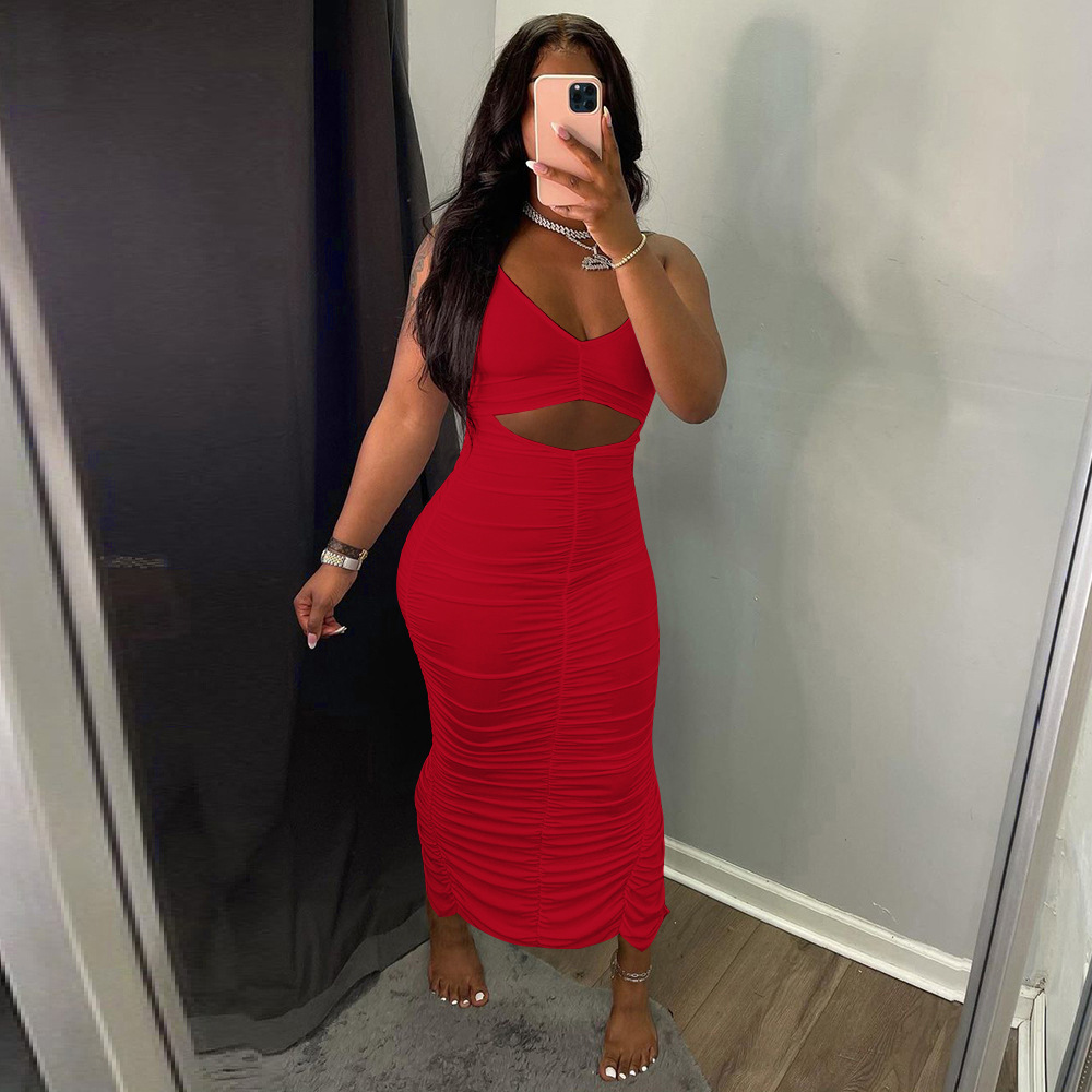 G7034 European and American Women's Clothing Amazon Independent Station Fashion Casual Solid Color Strap Pleated Dress