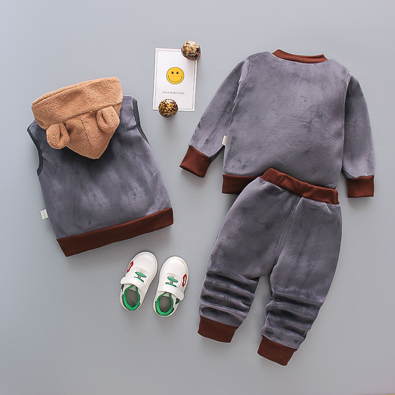 Children's Wear 2024 New Korean Cartoon fleece-lined Bear Three-Piece Autumn and Winter Wear for Girls and Boys Trendy Baby