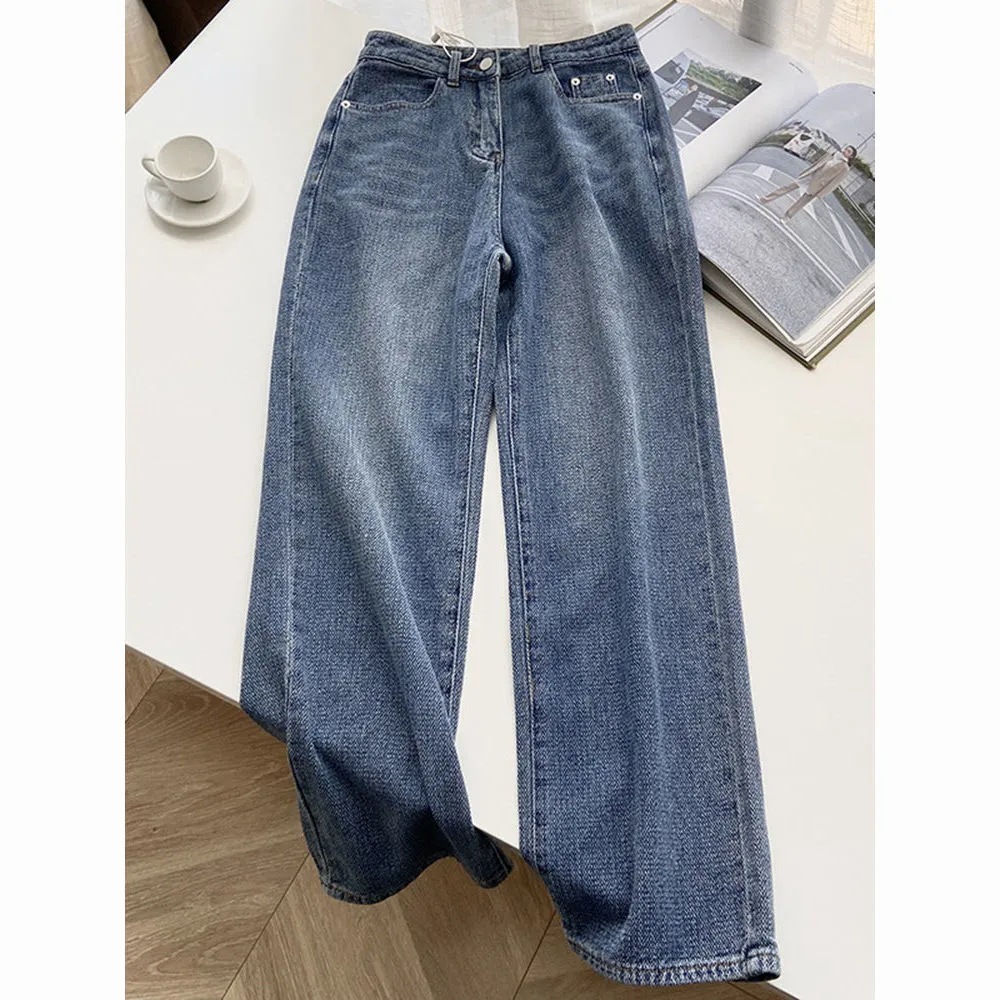 American Style Retro Blue Straight Jeans Women's Spring and Autumn 2025 Design High Waist Loose Wide Leg Long Pants