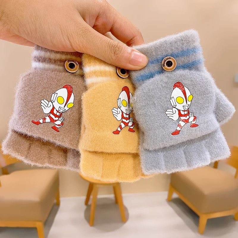 Children's gloves winter boys and girls warm Ultraman half finger flip finger cover baby fleece-lined thickened primary school students