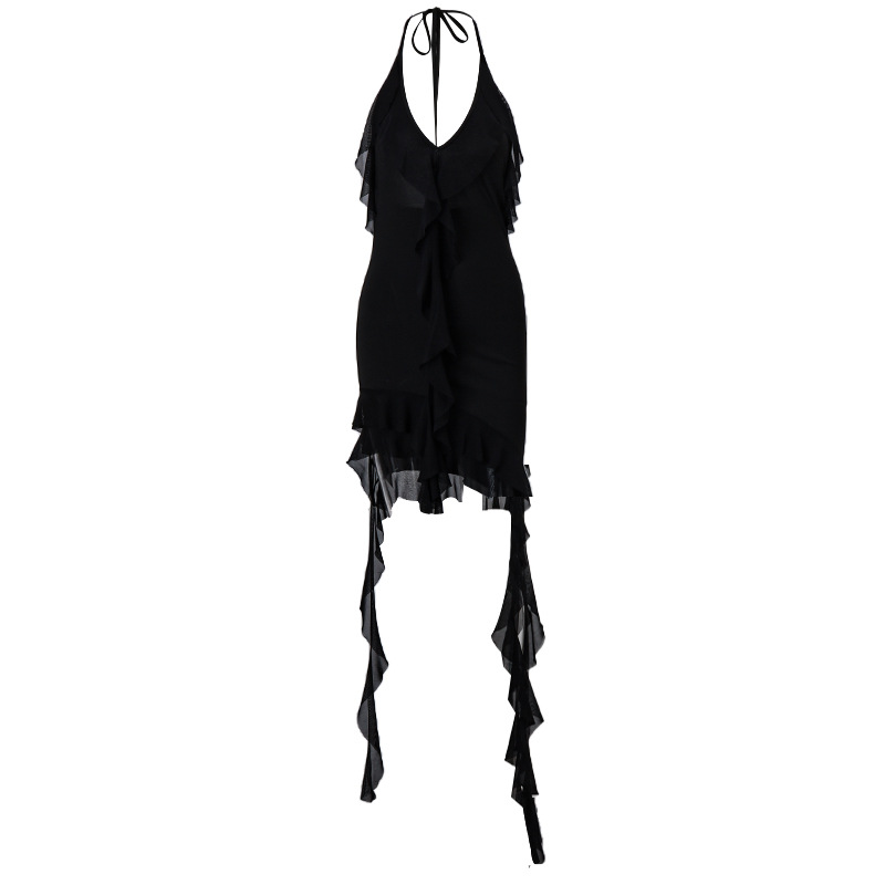 2023 cross-border European and American spring new sexy pure desire style Deep V halter ruffled irregular slim fit dress