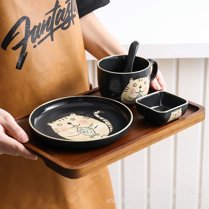Acacia Wood Solid Wood Tray Household Wooden Cup Holder Water Cup Tea Cup Plate Storage Plate Dinner Plate Holder Restaurant Serving Tray