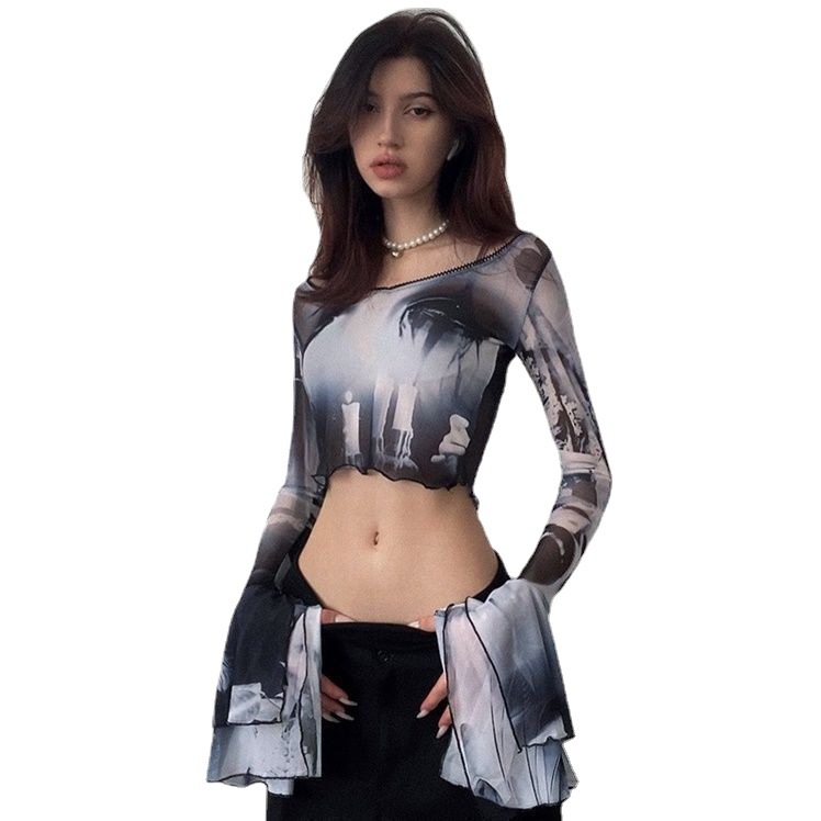 Sexy short printed navel-revealing slightly see-through sunscreen long-sleeved top with ear-cut hot girl short slim fit hot girl T-shirt