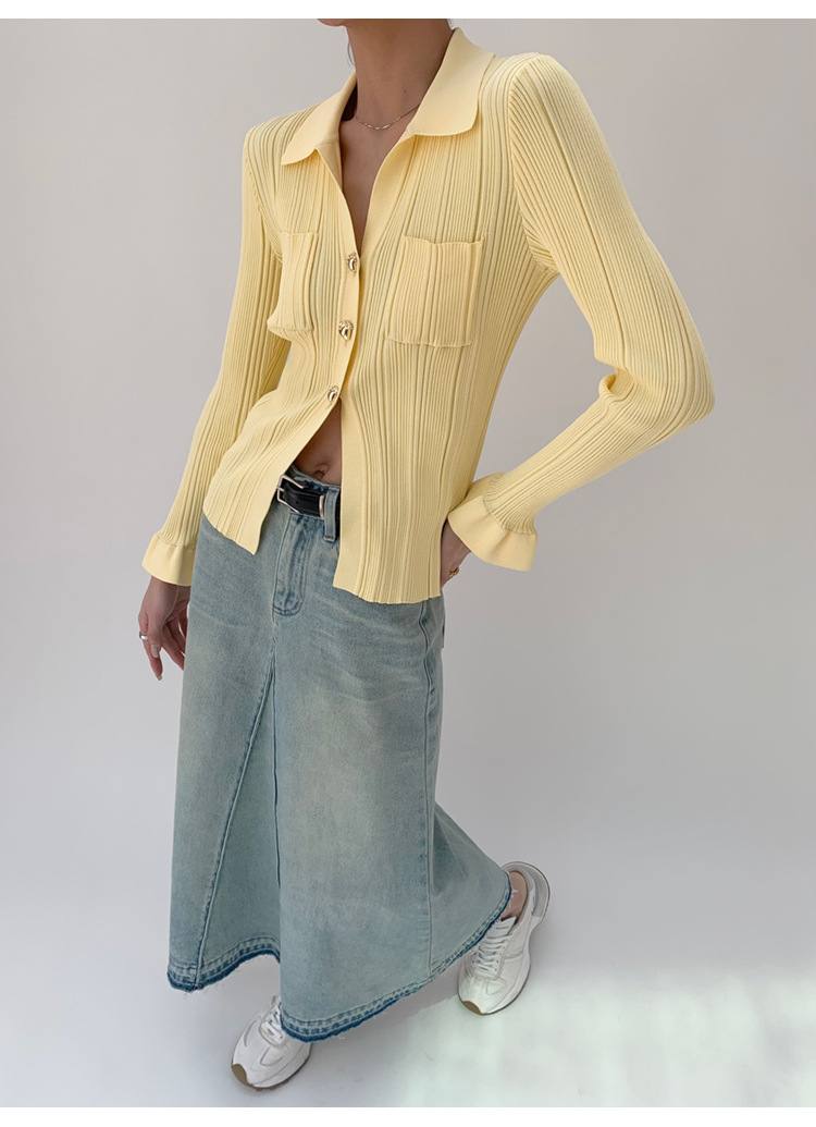 [Nouveauté le 21/03] Nouveau design Sense Split Knitted Jacket Cardigan jaune clair au printemps 2024_voghion.com