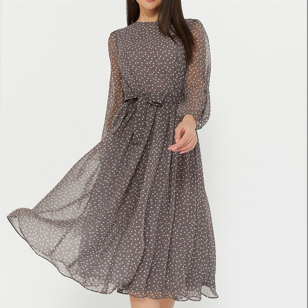 Amazon AliExpress 2023 Spring/Summer chiffon dress long sleeve Brown black polka dot lace printed dress