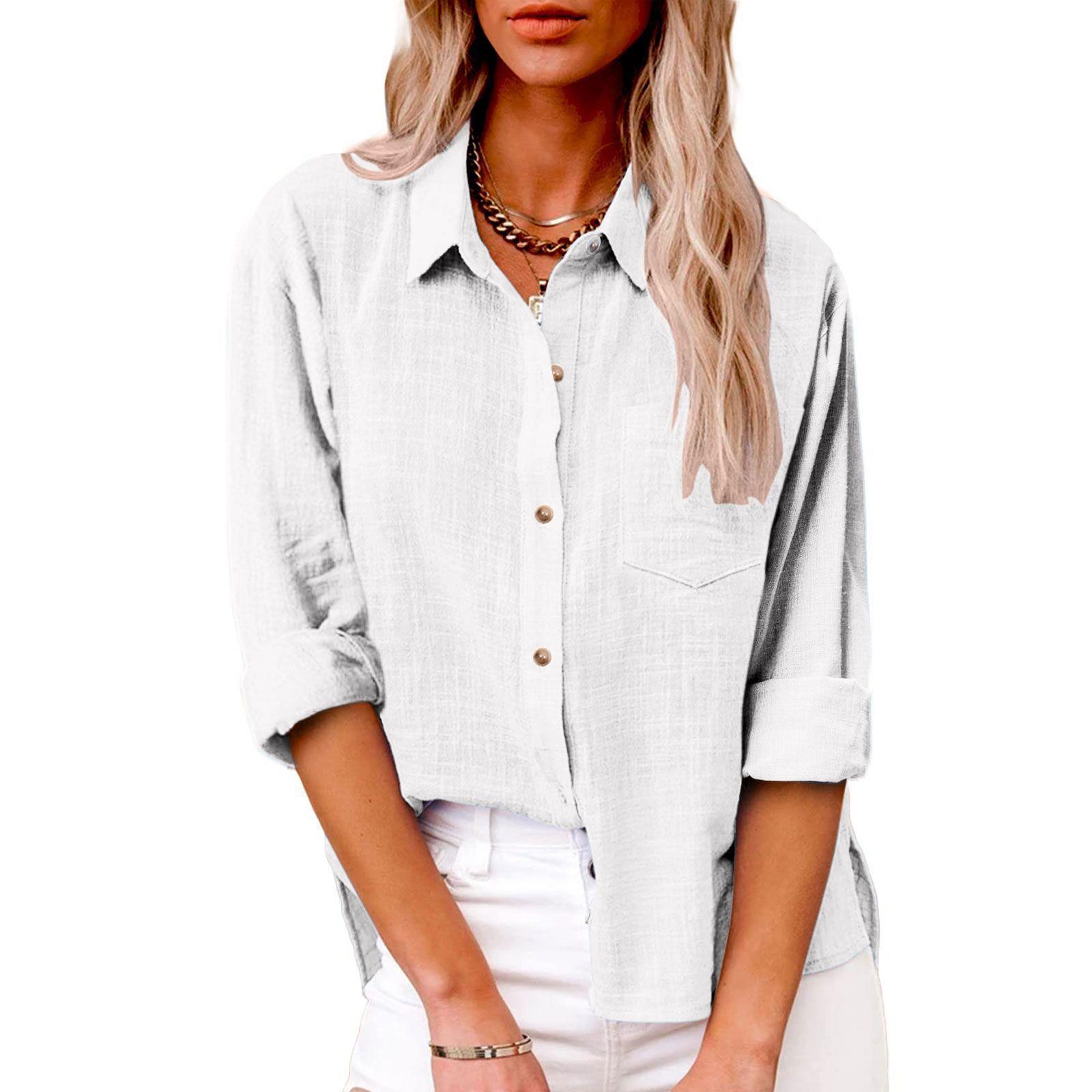 2024 women's clothing Autumn New pocket split cotton and linen long sleeve shirt
