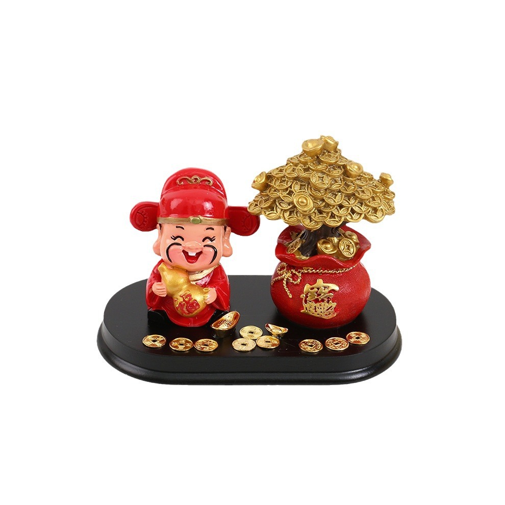 Resin God of Wealth Desktop Decorative Small Ornaments Creative Home Q Version God of Wealth Copper Money Fortune Tree Car Ornaments