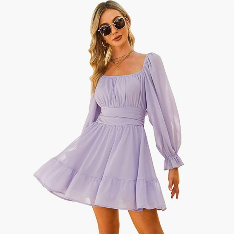 Chiffon Dress 2022 Autumn New Quad Collar Women's Amazon Lantern Sleeve Backless Belted Skirt