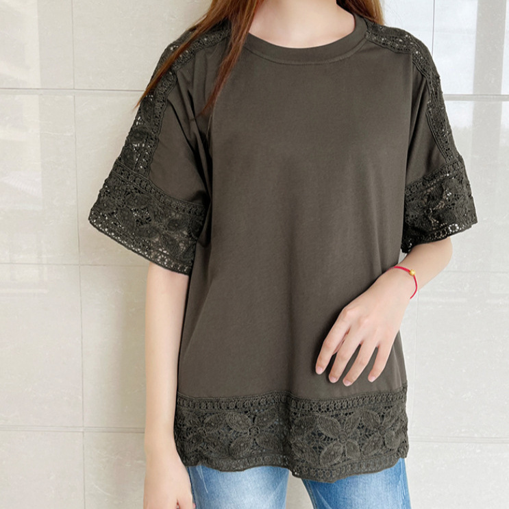 7-color in stock 2024 summer Japanese solid color loose pullover five-sleeve round neck T-shirt jacket women