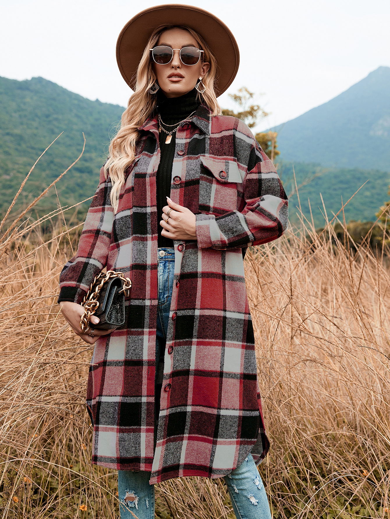 2022 autumn and winter European and American temperament windbreaker coat side slit lapel loose woolen plaid shirt coat in stock_voghion.com