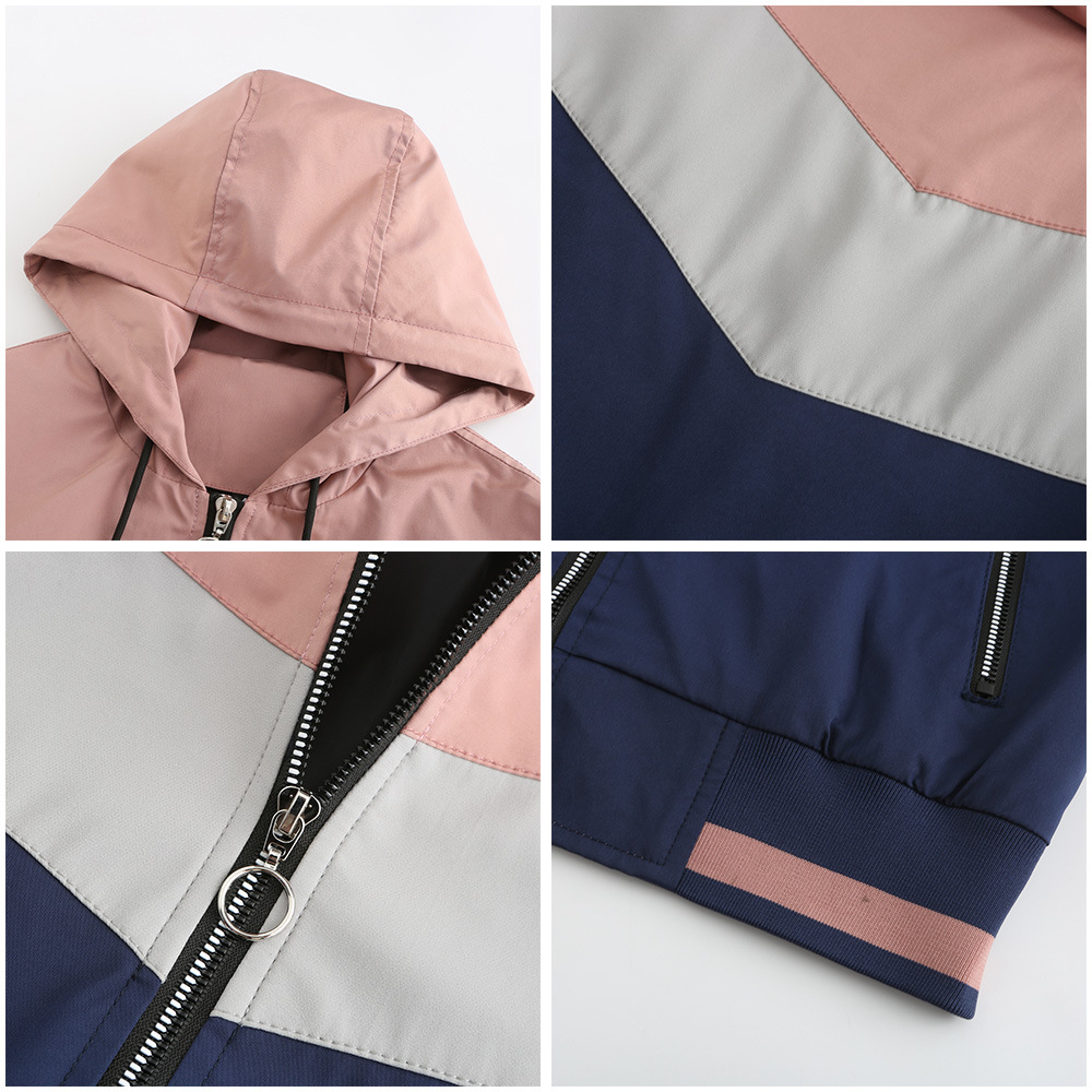 Women's Thin Windbreaker Women's Spring and Autumn Hooded Jacket Women's Outdoor Raincoat Color Matching Pull Rope Jacket_voghion.com