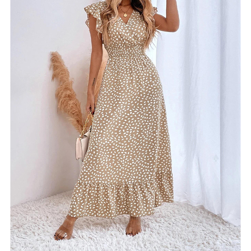 2023 European and American Women's Clothing Spring and Summer New Amazon Cross-border V-neck Tight Waist Long Dress Ruffled Elegant Dress for Women