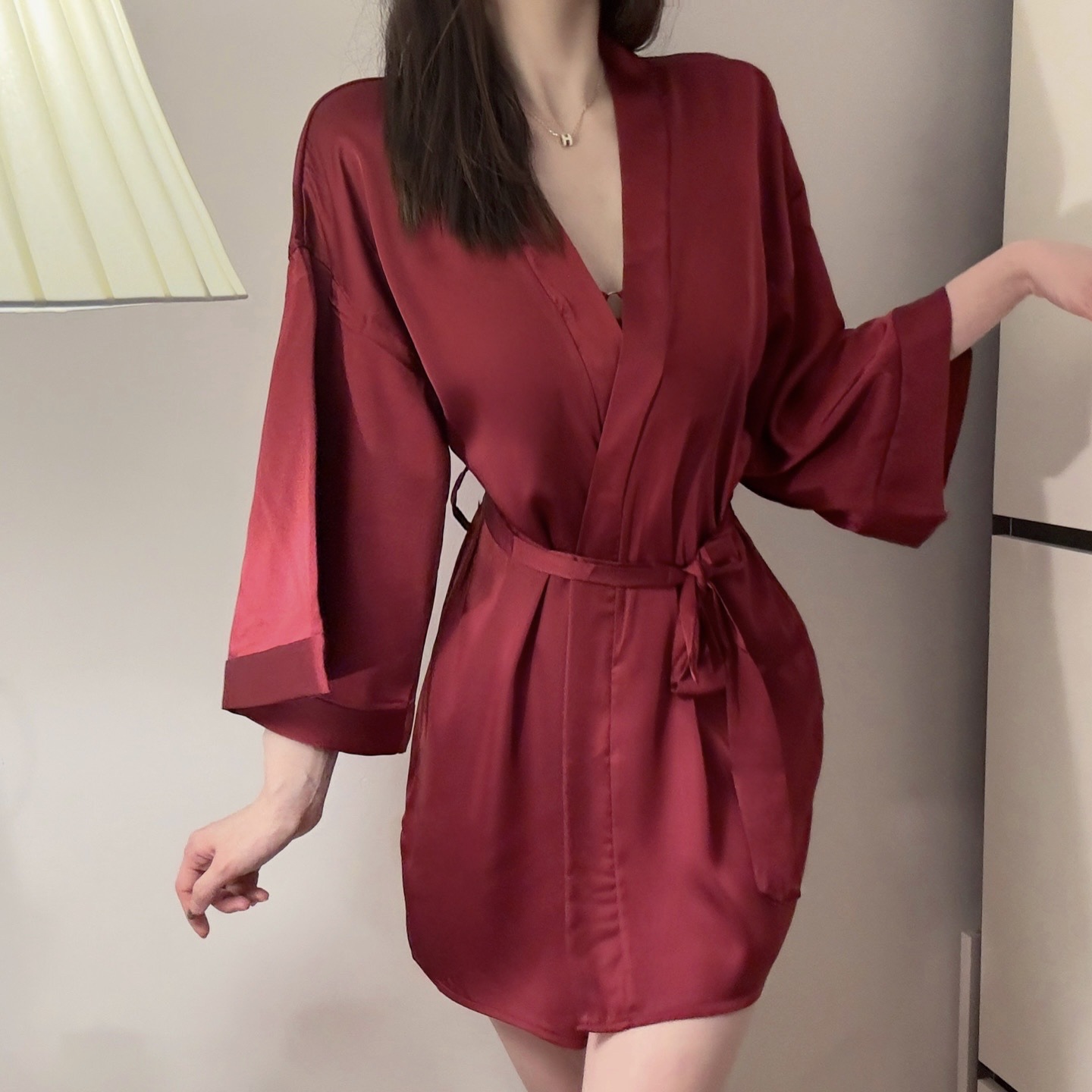 Night Fun Dessous Sexy Satin Dünne Strickjacke Schnürnachthemd Übergröße Bademantel Hauskleidung Pyjama Damenanzug_voghion.com