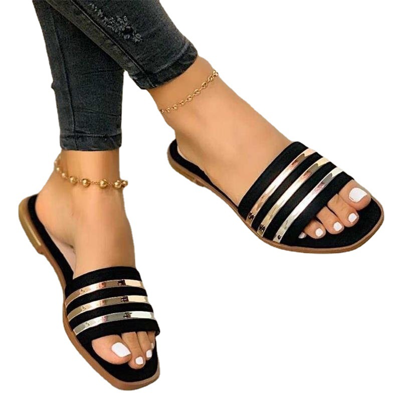 wish Amazon Large Size African Sandals Women's 2021 Summer European and American Sequins Flat Breathable Slippers for Women