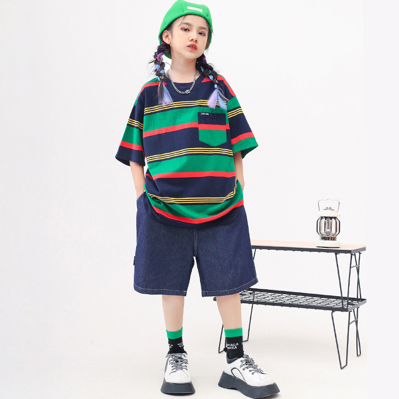 兒童街舞表演服裝夏季條紋套裝男童嘻哈潮牌演出潮服少兒架子鼓女