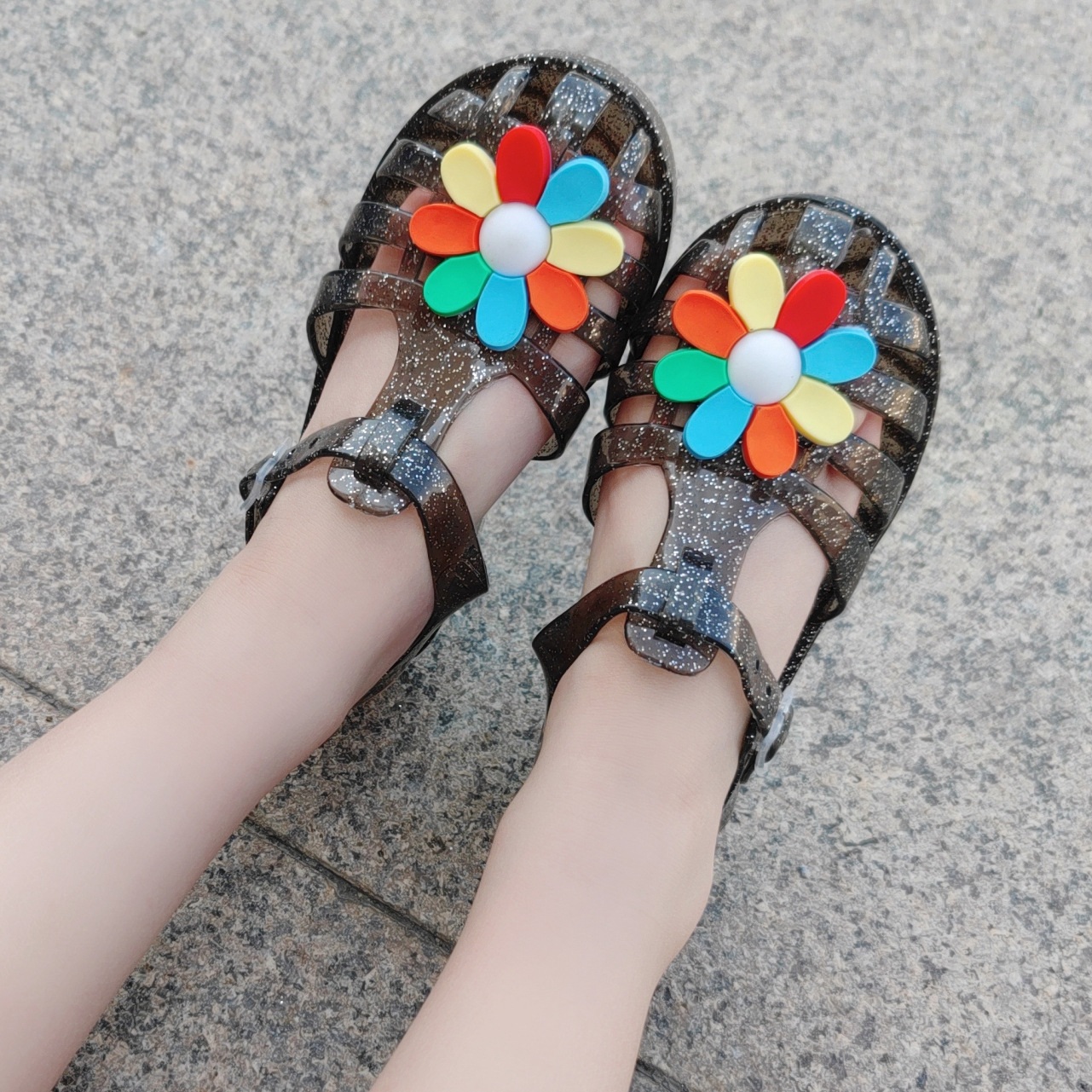 European and American New Summer Baby Girl Baotou Jelly Slippers Children's Seven Color Flower Princess Shoes Roman Beach Shoes