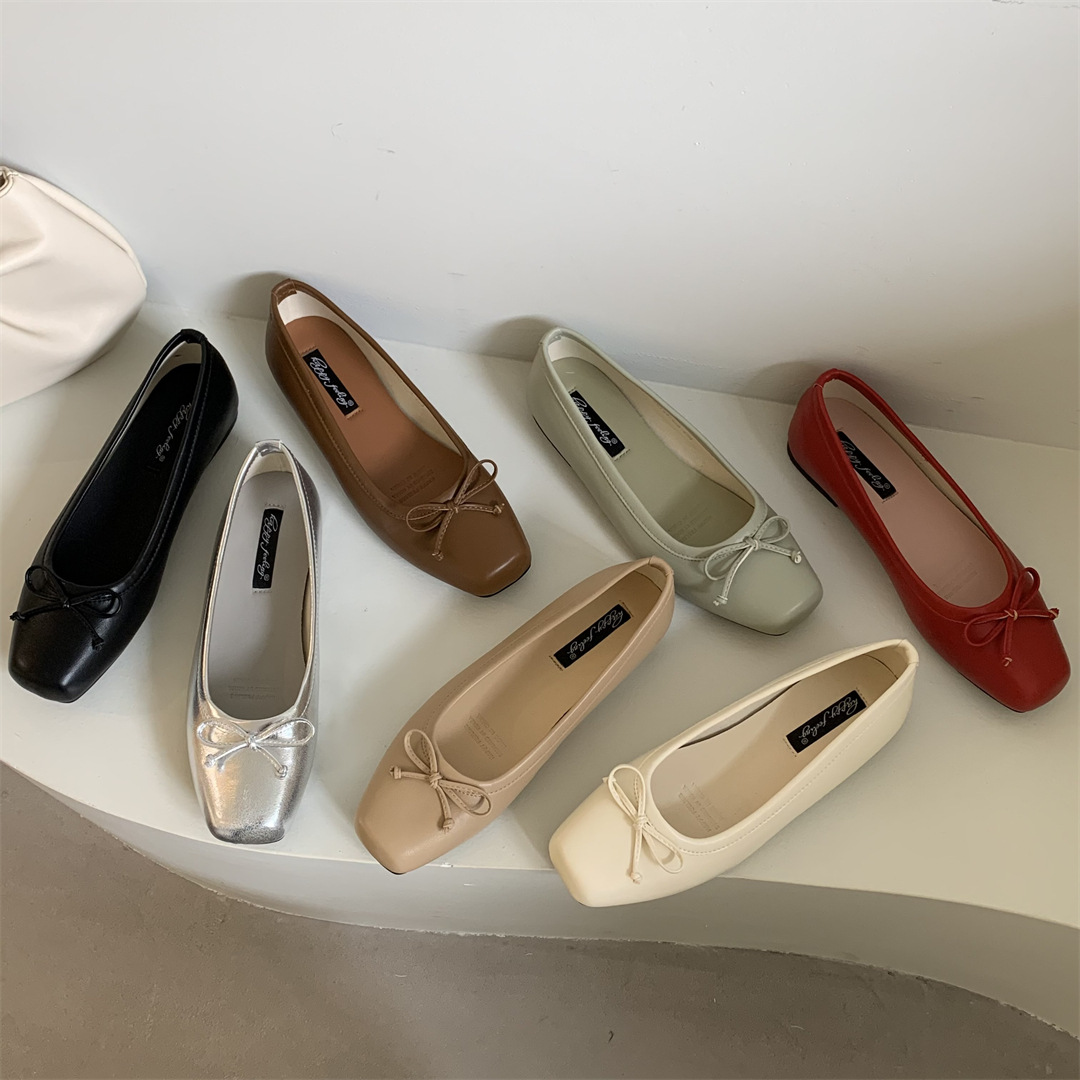 Gentle Fairy Shallow Mouth Bow Shoes Women's 2024 New Spring and Autumn New Square Toe Lazy Ballet Shoes