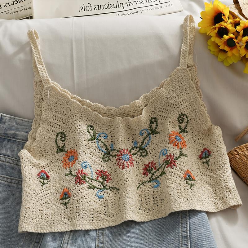 Internet Celebrity Embroidered Knitted Camisole Women's Summer New Slim-fit Loose Short Base Shirt Top for Outer Wear