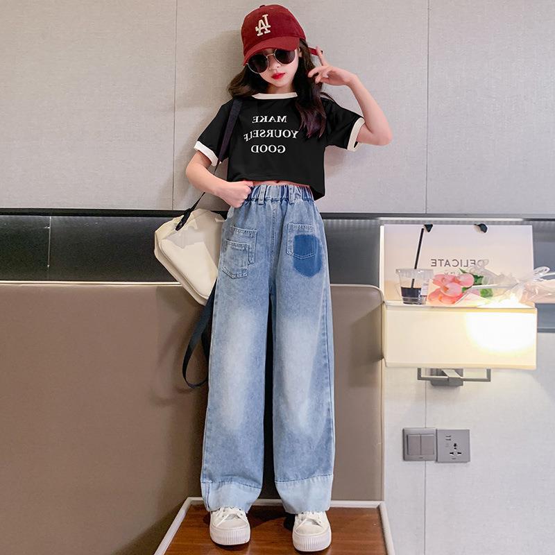 Girls Summer Suit New  Big Children Letter T-shirt Fashionable Street Jeans Two-piece Trendy Set