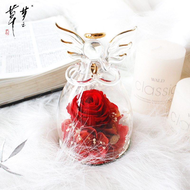 Foreign Trade Angel Eternal Flower Wholesale Rose Glass Cover Handmade Amazon Birthday Mother's Day Valentine's Day Gift