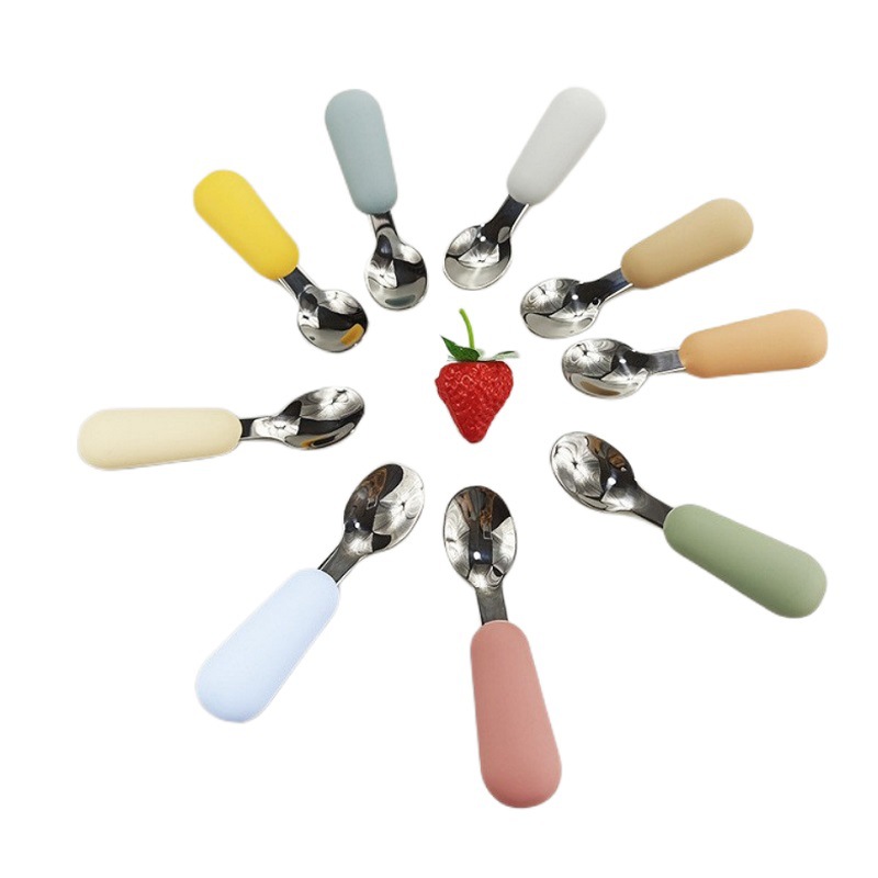2022 new silicone short handle stainless steel fork spoon food grade silicone fork children baby eating training spoon Fork