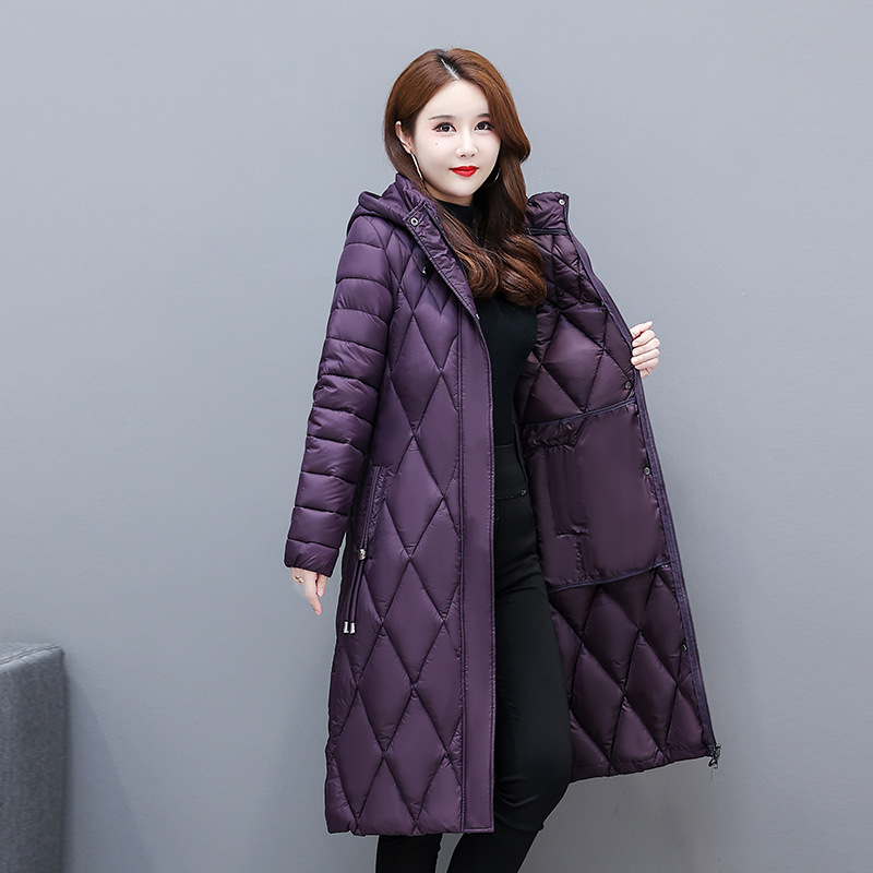 2023 New Style Cotton-padded Coat Women's Rhombic Long Over-the-knee Light Down Cotton-padded Coat Women's Hooded Coat Winter Slim-fit Slimming
