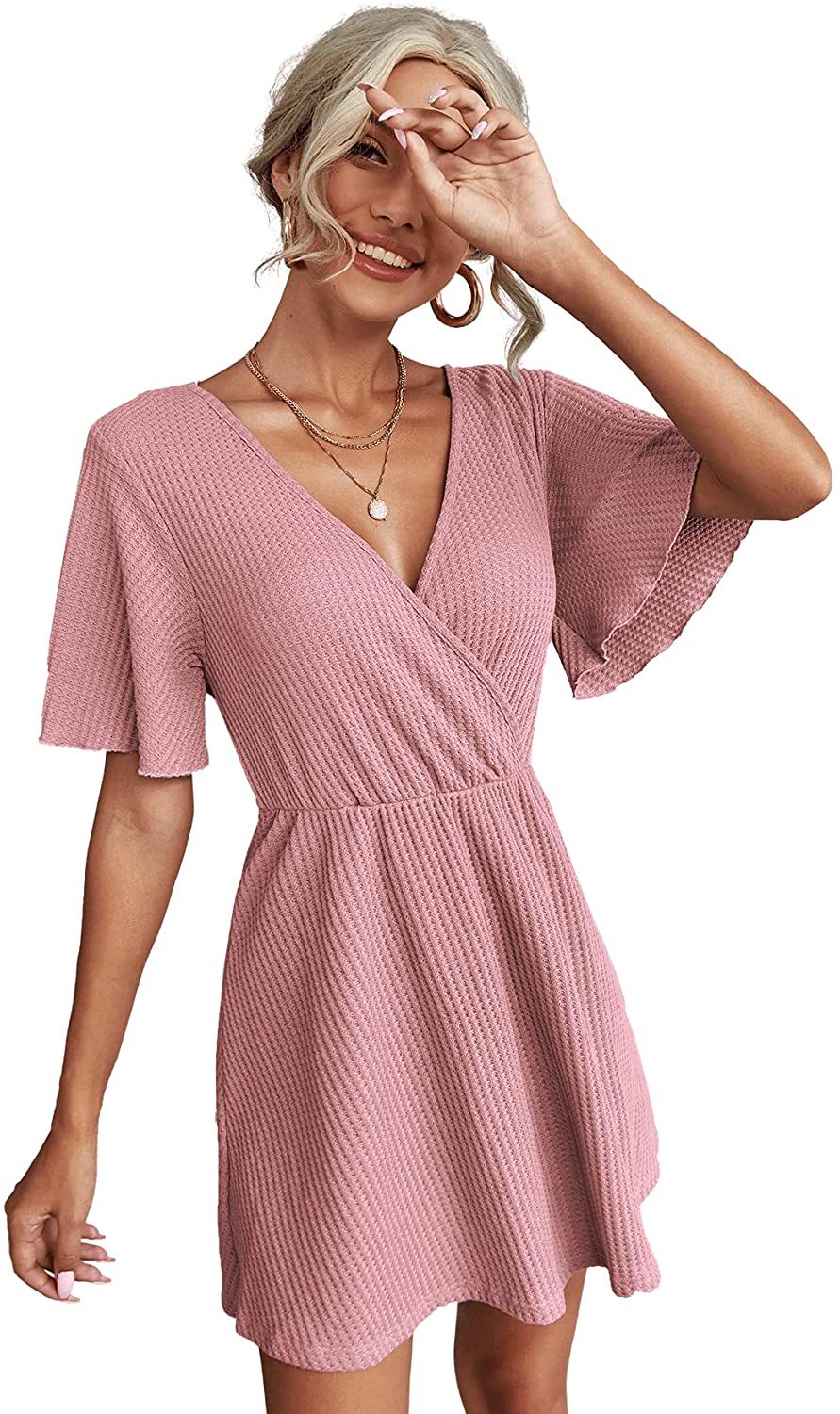Amazon 2022 new pure color simple temperament commuter waffle mid waist dress Female Factory in stock hot sale