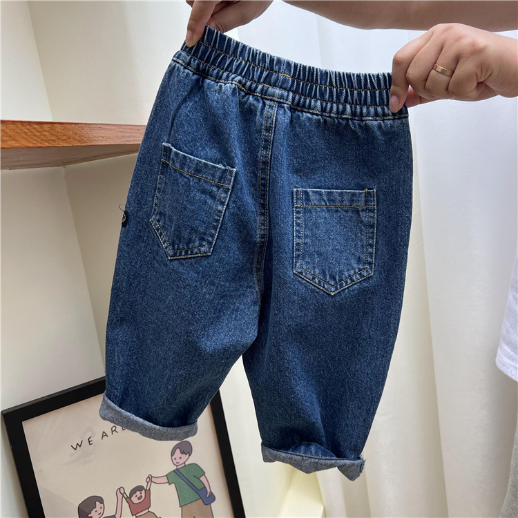 Korean Children's Wear Autumn Dark Blue Jeans 2023 Loose Solid Color Torre Pants Casual Denim Trousers for Boys and Girls