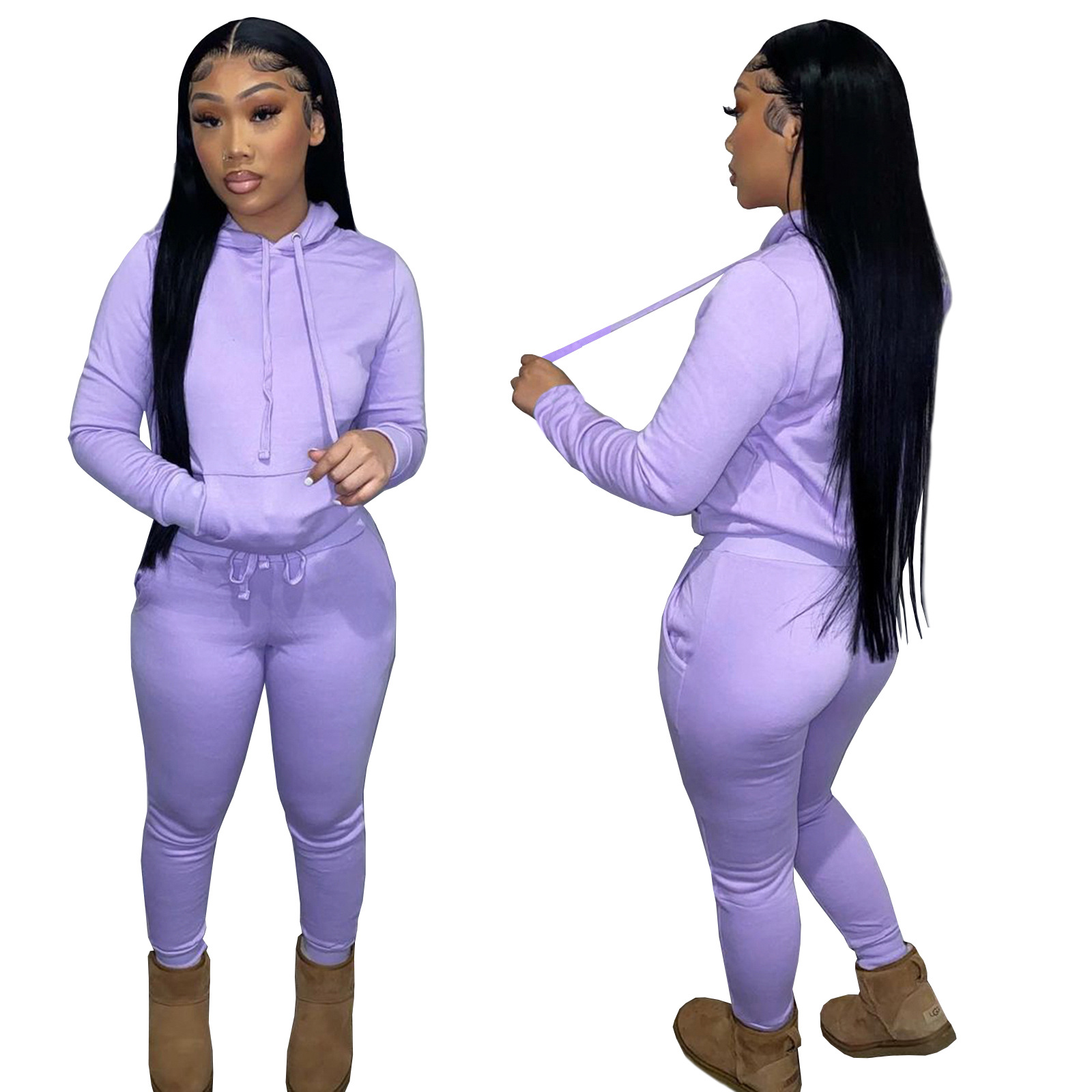 HR8197 European and American women's clothing  independent station supply autumn and winter plus velvet drawstring hooded two-piece set_voghion.com