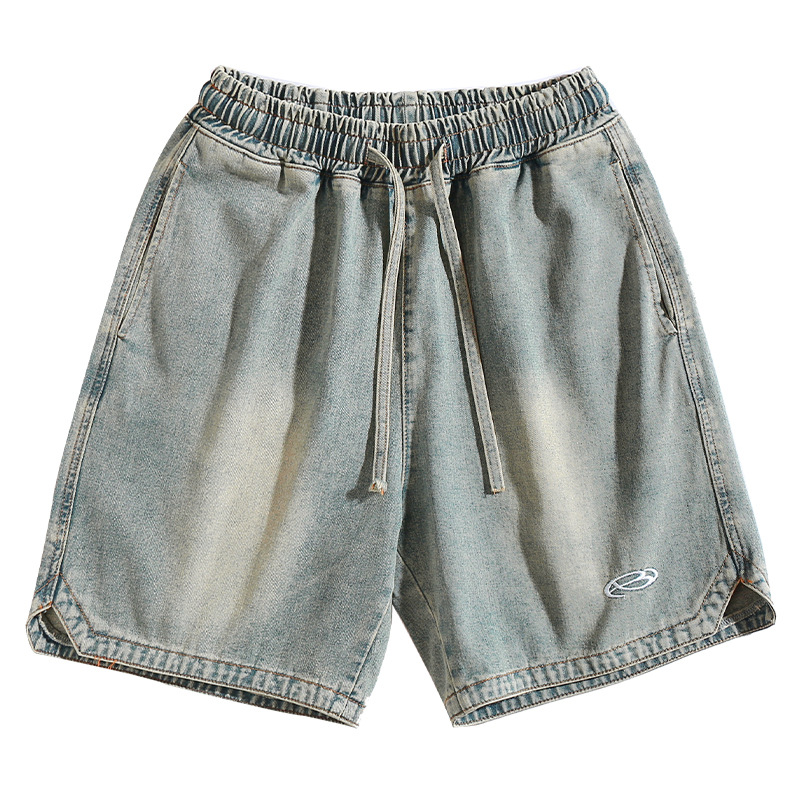 Hanlu men's hem triangle split design Denim shorts men's summer new fashion embroidered loose shorts