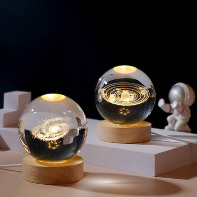 Wooden luminous base 3d carved crystal ball night light galaxy solar system creative desktop ornaments student gifts